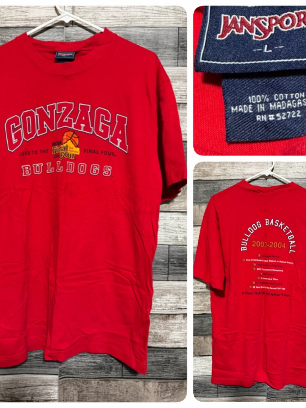 Vtg Jansport Gonzaga Bulldogs 2004 Final Four T Shirt Men’s L Red San Antonio
